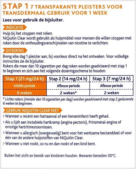 Informatie over stap 1: 7 transparante pleisters voor transdermaal gebruik gedurende 1 week. Indicatie: hulp bij stoppen met roken. Dosering: breng dagelijks 1 pleister aan.