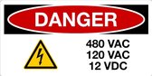 Sticker 'Danger: 480 VAC, 120 VAC, 12 VDC' 150 x 75 mm