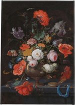 Stilleven met bloemen en horloge - Abraham Mignon | 100 x 150 CM | Canvasdoek voor buiten | Schilderij | Outdoor | Tuindoek