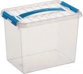 Sunware Q-Line opberg box/opbergdoos 9 liter 30 x 20 x 22 cm kunststof - Opslagbox - Opbergbak kunststof transparant/blauw
