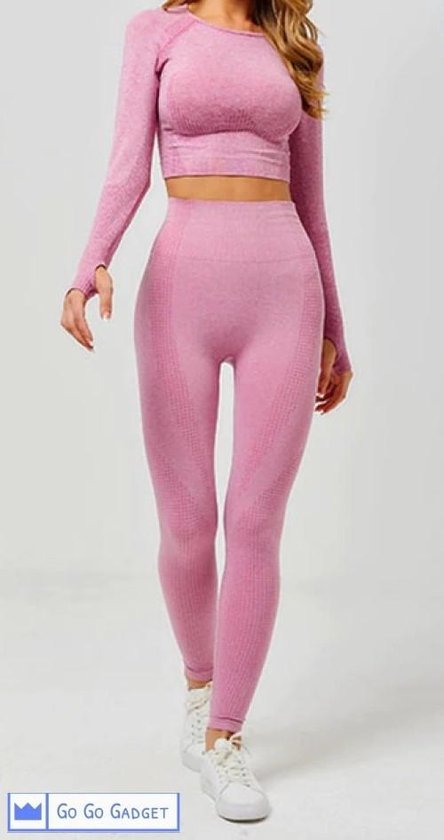 Foto: Sport outfit high waist legging crop top met lange mouw naadloos squatproof roze m