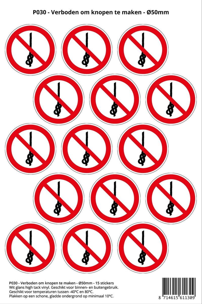 Pictogram sticker P030 - Verboden om knopen te maken - Ø 50mm - 15 stickers op 1 vel