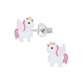 Joy|S - Zilveren unicorn paardje oorbellen roze eenhoorn met vleugeltjes