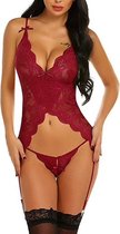 Rode Kanten Body met jarretel bandjes - Asthora Red