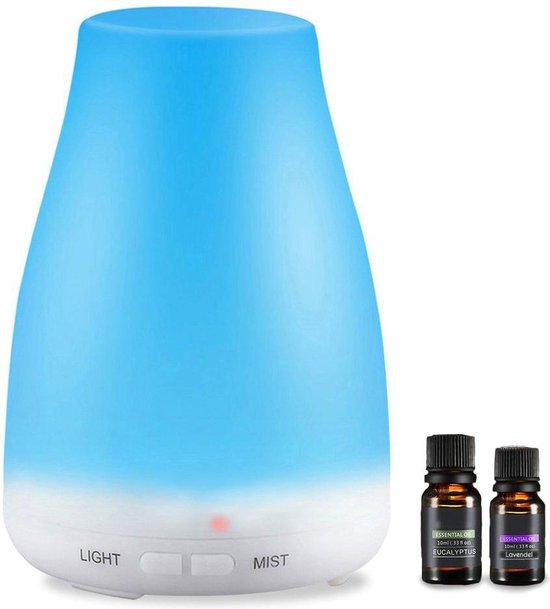 LifeGoods Mini Aroma Diffuser 100ML voor Aromatherapie - Inclusief 2x Etherische Olie - Luchtbevochtiger - Verdamper - Verstuiver - Vernevelaar - Humidifier - Geur Verspreider - Cool Mist - MoodLights LED Lamp - Wit