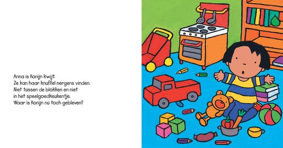 Anna staat verbaasd in een speelkamer vol speelgoed, waaronder een rode vrachtwagen en een beer.