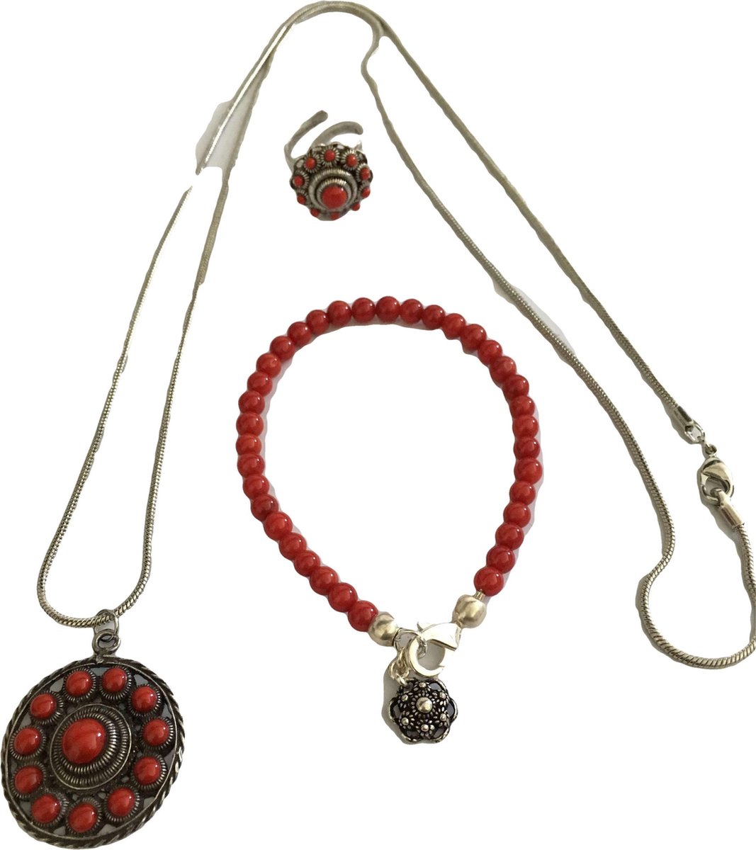 Petra's Sieradenwereld - Zeeuwse knop sieradenset verzilverd rood emaille (ketting, armband, ring)