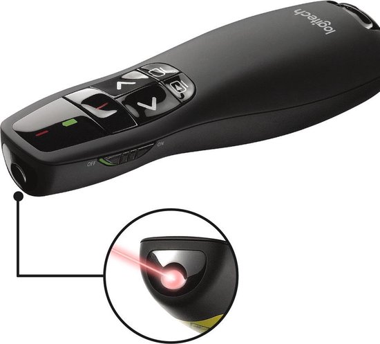 Zwarte Logitech R400 presenter met aan/uit-schakelaar en een uitvergrote weergave van de laser.