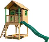 AXI Sarah Speelhuis in Bruin/Groen - Met Verdieping, Zandbak en Groene Glijbaan - Speelhuisje voor de tuin / buiten - FSC hout - Speeltoestel voor kinderen