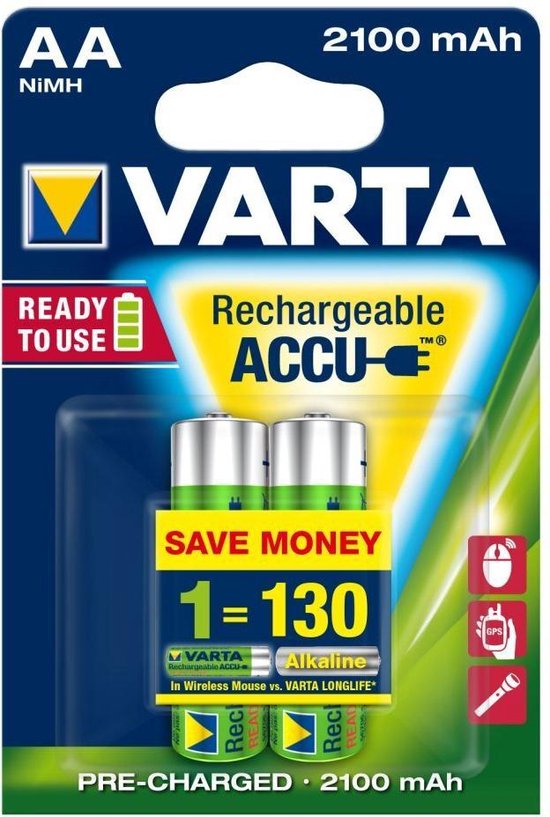 1x2 Varta Rechargeable Accu AA Ready2Use NiMH 2100 mAh Mignon - 2 stuks |  bol.com