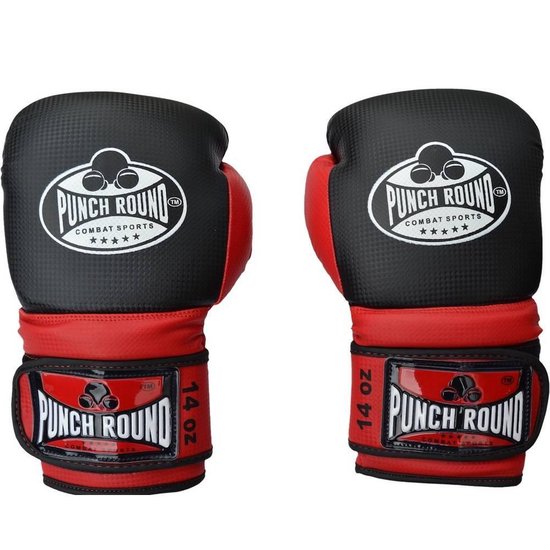 Punch Round Bokshandschoenen Combat Sport Carbon Zwart Rood 14 OZ Bokshandschoenen
