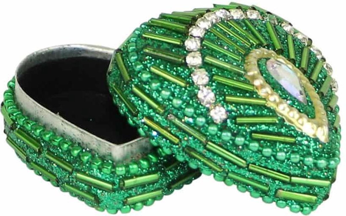 Doosje - Met kraaltjes - Hart - Groen - 4,5x4,5x3 cm - Sarana - Indonesie - Fairtrade