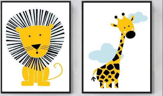 Postercity - Design Canvas Poster Stoere Leeuw & Giraffe met Wolkjes set / Kinderkamer / Dieren Poster / Babykamer - Kinderposter / Babyshower Cadeau / Muurdecoratie / 30 x 21cm / A4
