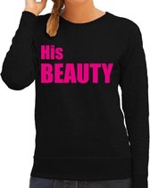 His beauty sweater / trui zwart met roze letters voor dames S