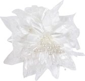 Bruiloft/huwelijk corsage wit 12 cm met bloem en parels - Trouwerij corsage speldjes/pins - Bruiloft thema wit