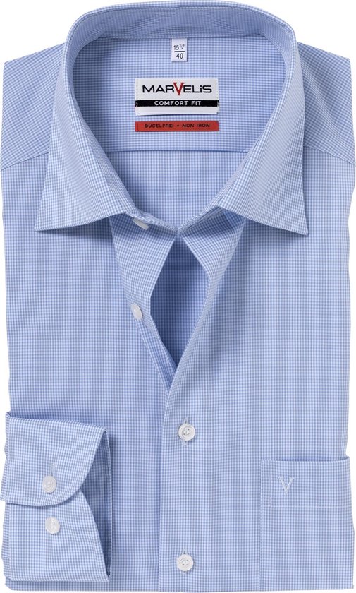MARVELIS comfort fit overhemd - blauw met wit geruit - Strijkvrij - Boordmaat: 45