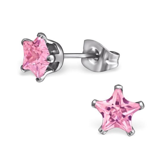 Aramat jewels ® - Oorbellen ster zweerknopjes zirkonia roze chirurgisch staal 6mm