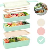 Bento Box Lunchbox Groen met bestek - Magnetron / Vriezer / Vaatwasser bestendig - Bio 3 lagen mealprep container - 900 ml - 3 kleuren - Beige - Groen - Roze