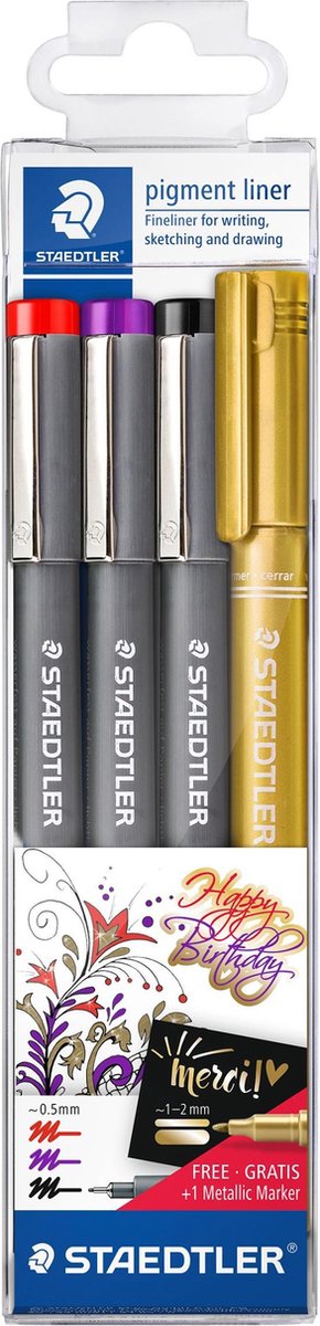 STAEDTLER pigment liner - 3 x 0,5 mm + gouden metallic marker GRATIS