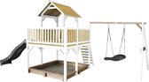 AXI Atka Speeltoestel in Bruin/Wit - Speeltoren met Roxy Nestschommel, Verdieping, Zandbak en Grijze Glijbaan - FSC hout - Speelhuisje op palen met veranda voor kinderen - Speeltoestel voor de tuin / buiten
