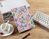 P.C.K. Hoesje/Boekhoesje/Bookcover/Bookcase/Book draaibaar geel met roze bloemen print geschikt voor Samsung Galaxy TAB A T510 (2019) MET PEN