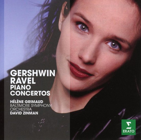 Close-up van Hélène Grimaud, met tekst: Gershwin Ravel Piano Concertos, Hélène Grimaud, Baltimore Symphony Orchestra, David Zinman, Erato.