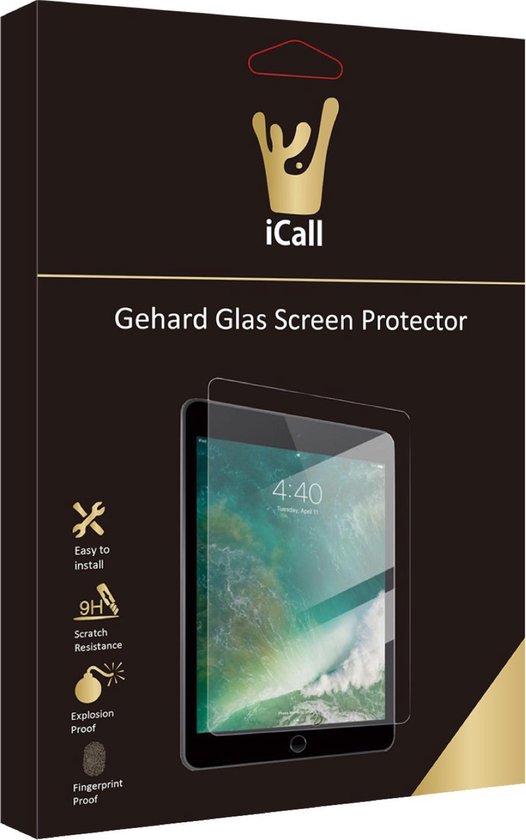 Verpakking iCall Gehard Glas Screen Protector met icoontjes voor installatie en bescherming.
