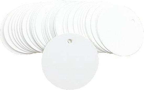 Labels - set van 100 labels rond wit 5x5 cm. - stevig karton - prijslabels - cadeaulabels - met voorgestanst gaatje