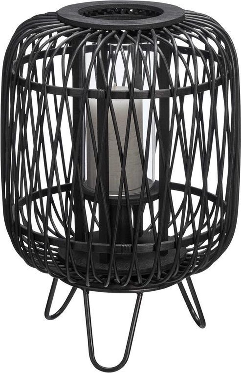 Luxe zwarte lantaarn op pootjes - Ø 28 x 40 cm - kaarsenhouder - metaal -  bamboe -... | bol.com
