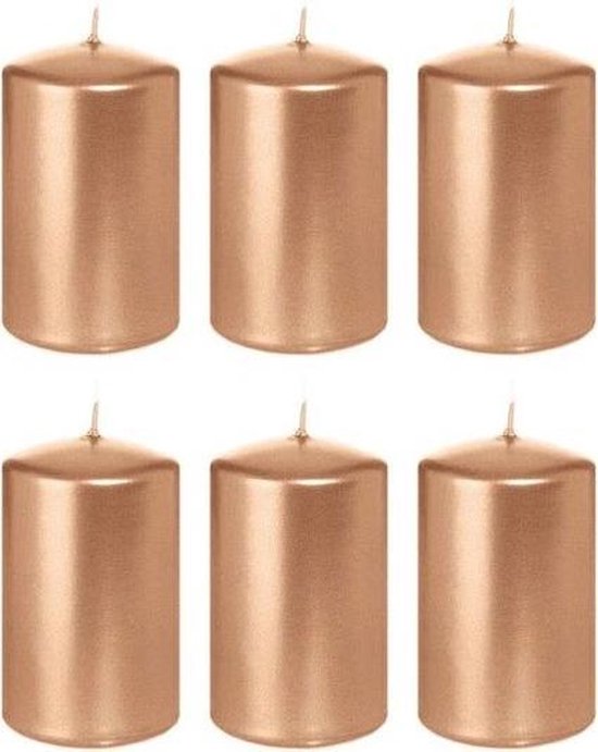 6x Rosegouden cilinderkaarsen/stompkaarsen 5 x 8 cm 18 branduren - Geurloze rose goudkleurige kaarsen - Woondecoraties