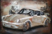 3D Metaalschilderij - Sportwagen Zilver Porsche 911 Turbo - handgeschilderd - 60 x 40 cm