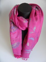 Sjaal bloemen lengte 180 cm breedte 70 cm kleuren paars roze blauw geel groen franjes.