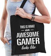 Awesome / geweldige gamer cadeau katoenen tas zwart voor dames - kado tas / tasje / shopper