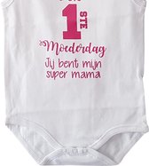Rompertje baby meisje roze tekst cadeau eerste moederdag | eerste moederdag jij bent mijn super mama |  mouwloos| wit roze fucsia | maat 62-68