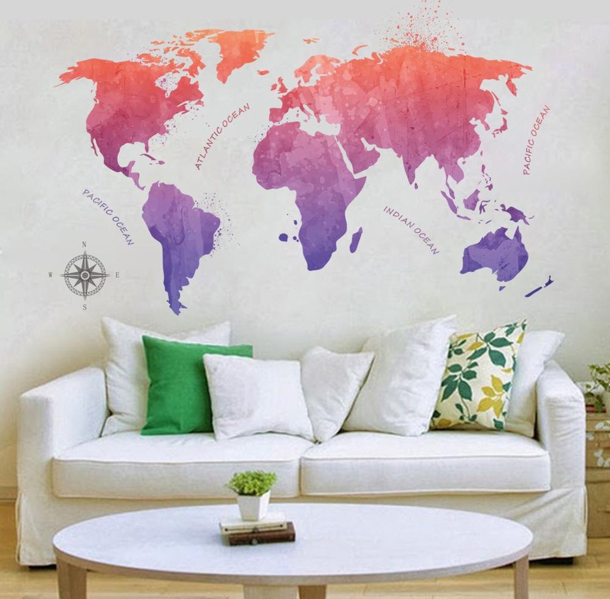 Vwist Muursticker Wereldkaart - Design - Kleurrijk - 110 x 68 CM