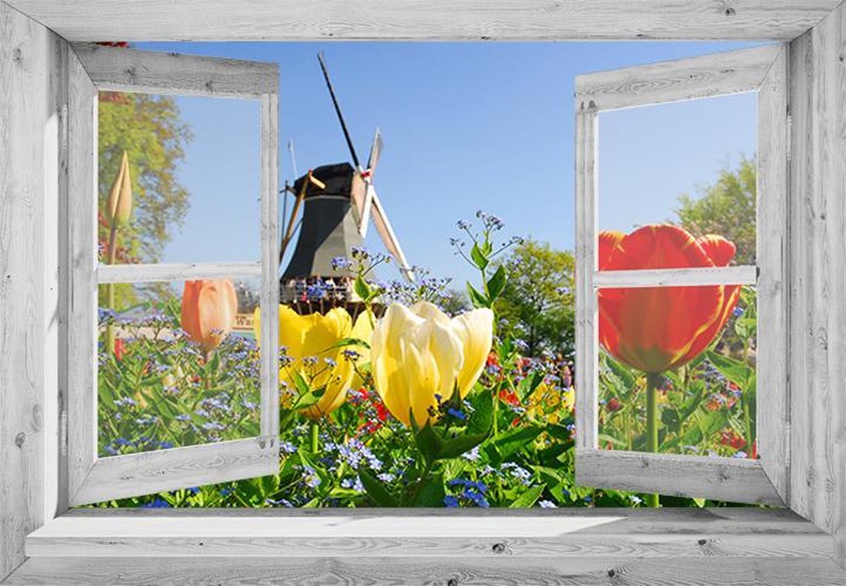 Tuindoek doorkijk - 130x95 cm - door openslaand wit venster Hollandse molen met tulpen - tuinposter - tuin decoratie - tuinposters buiten - tuinschilderij