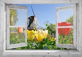 Tuindoek doorkijk - 130x95 cm - door openslaand wit venster Hollandse molen met tulpen -  tuinposter - tuin decoratie - tuinposters buiten - tuinschilderij