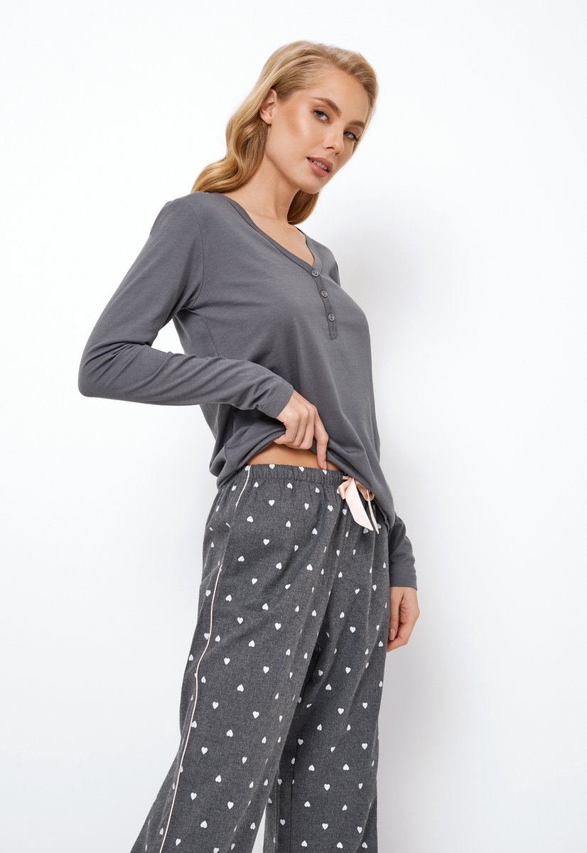 Aruelle Dames Pyjama Jayleen-Lange Mouwen-Hartjesmotief Broek-Katoen & Modal-Zacht & Ademend-Grijs