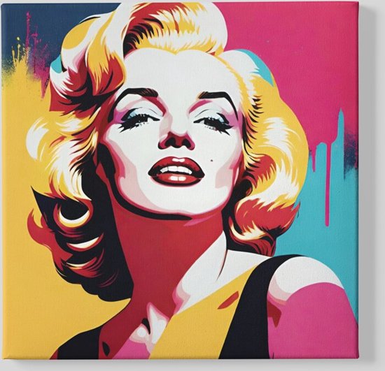Portret van Marilyn Monroe in pop-art stijl met felle kleuren zoals geel, roze, blauw en rood.