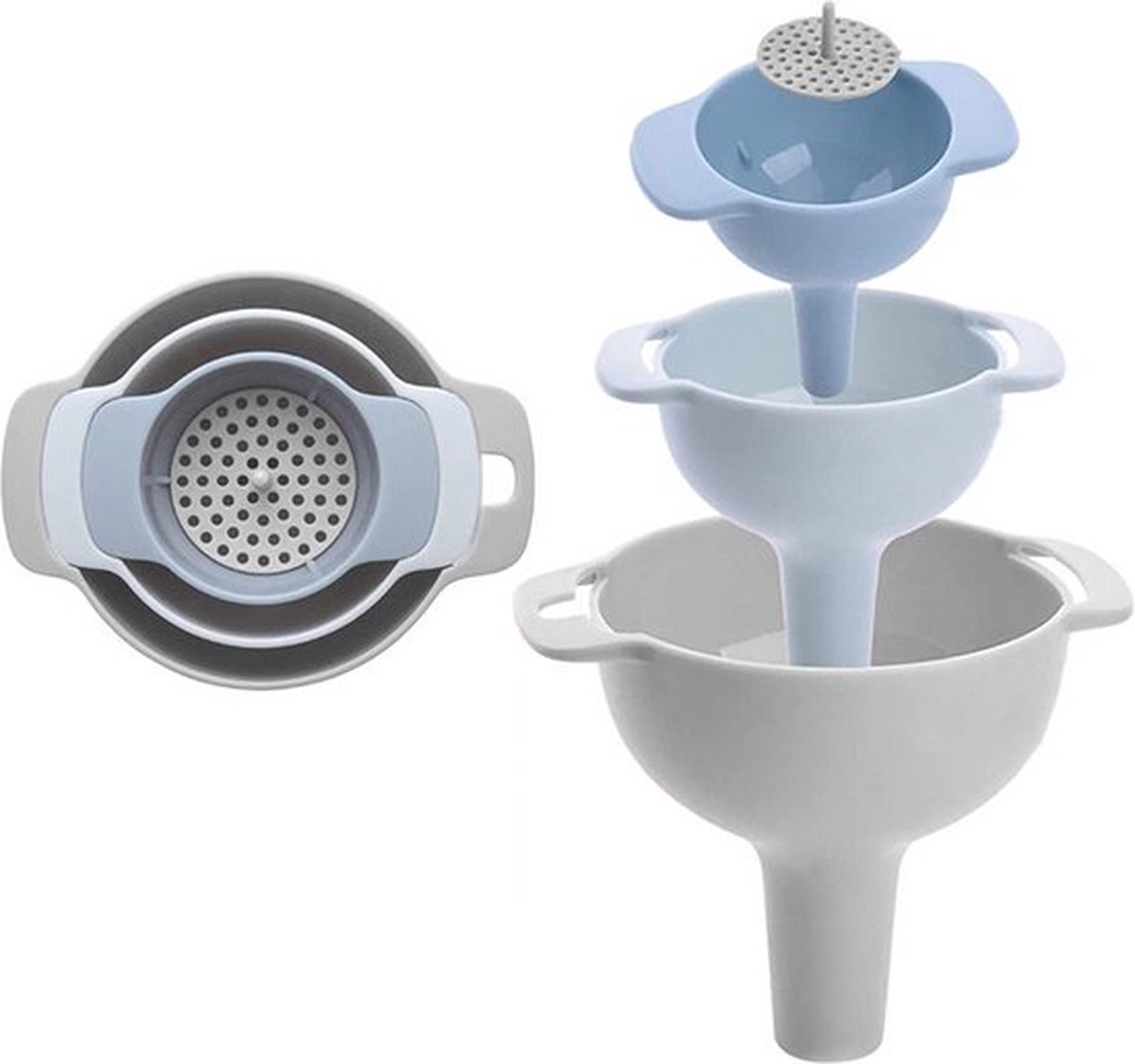 LUKARDIE® Premium Trechter Set 3-delig met Filter - Keukengerei - Trechter Keuken - Zeef – Plastic - Mini Middel Groot – Keukenaccessoires, Set, Vloeistoffen, Kruiden, Trechters, Vul trechter, Etherische olie, Parfum -