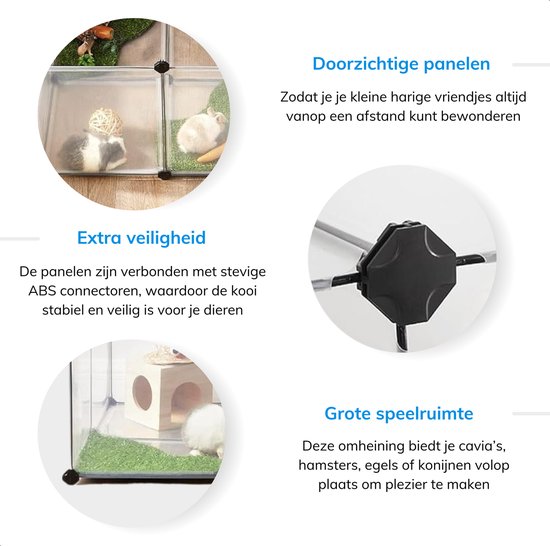 Transparante ren met konijnen en cavia's, details van connectoren en extra veiligheid.