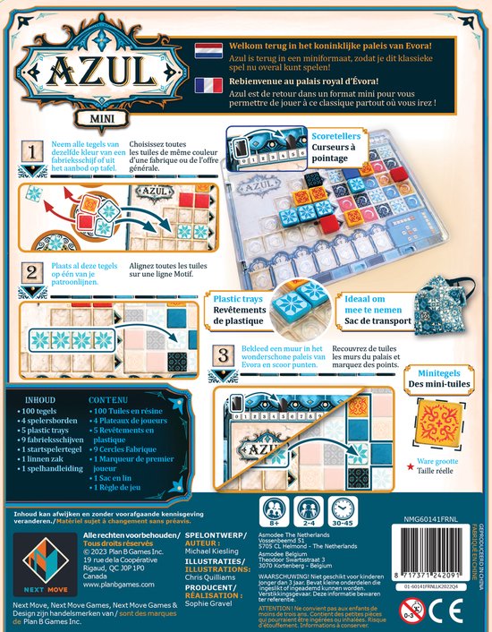 Achterkant van de doos van Azul Mini met spelinstructies en componenten.