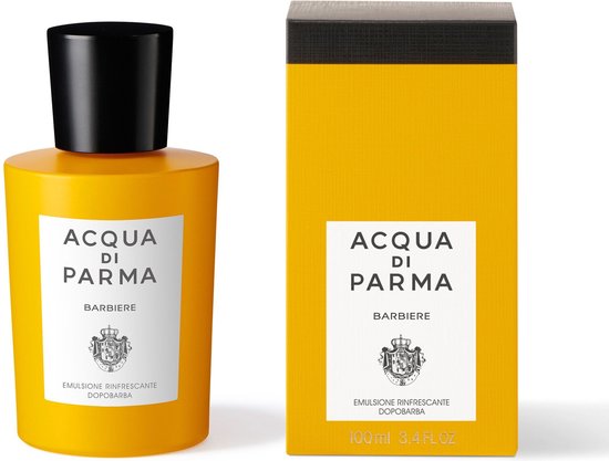 Gele fles en doos van Acqua di Parma Barbiere, verfrissende aftershave emulsie.