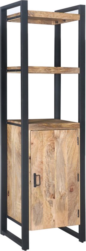 Boekenkast Mangohout 200 cm – Opbergkast met 2 Legplanken & 1 Deur – Massief Hout – Smalle Kast – Industrieel & Modern – 55x40x200 cm