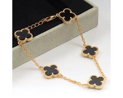 Clovier® Klaver Armband Dames Goud/Zwart - Clover Bracelet Gold Plated - Goudkleurig Klavertje Vier Armbandje Vrouw - Luxe Sieraden Accessoires - Schakelarmband