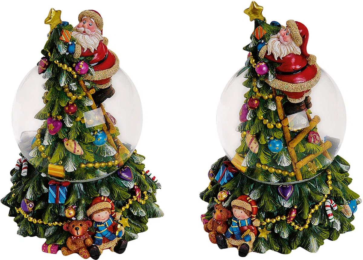 Sneeuwbol en muziekdoos kerstman en kerstboom 19cm hoog