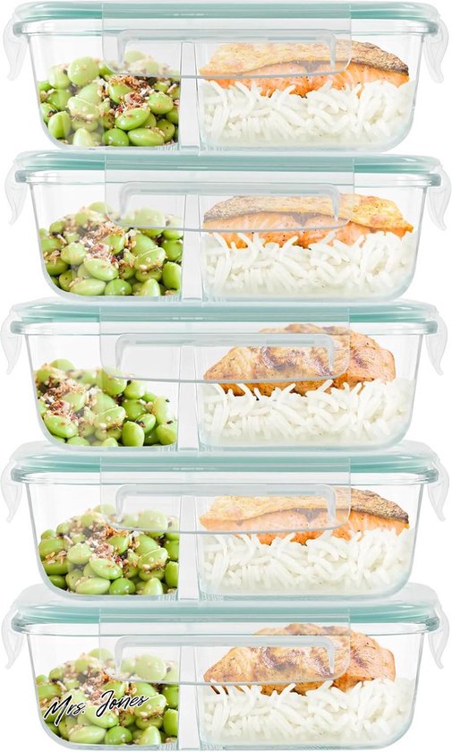 Praknu Meal Prep Containers 2 Compartment - Set van 2 Glazen Voedselbewaardozen 1l - Luchtdicht - BPA-vrij - Geschikt voor vriezer en magnetron