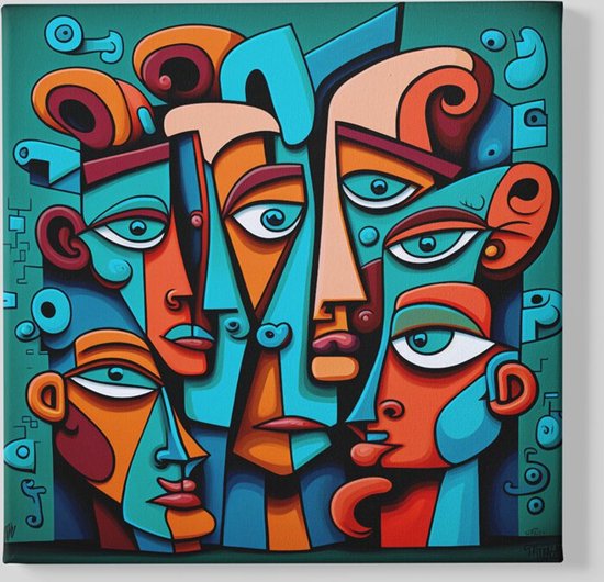 Peinture abstraite avec des visages bleus, orange et verts sur fond sarcelle.