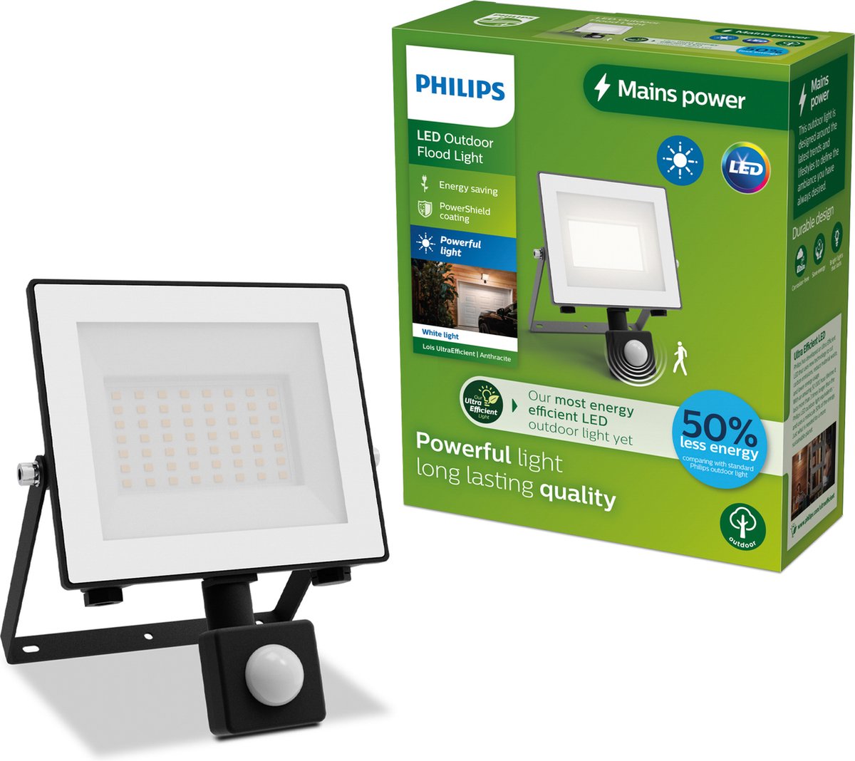 Philips Lois floodlight - UltraEfficient LED - Zwart - 15W - Helder warm licht; 3000K - Bewegingssensor - Verstraler