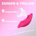 Roze clitoris stimulator met 9 zuig- en 9 trilstanden. Tekst: Zuigen & Trillen.